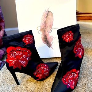 Jessica Simpson 4” black satin ankle boot w/ red embroidered roses.